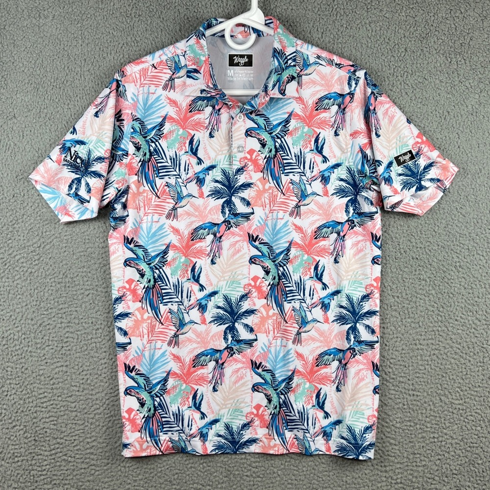 Waggle Mens Golf Polo Shirt Medium multicolor Tropical Bird Palm Performance